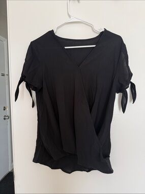 Black Tie-Sleeve V-Neck Blouse